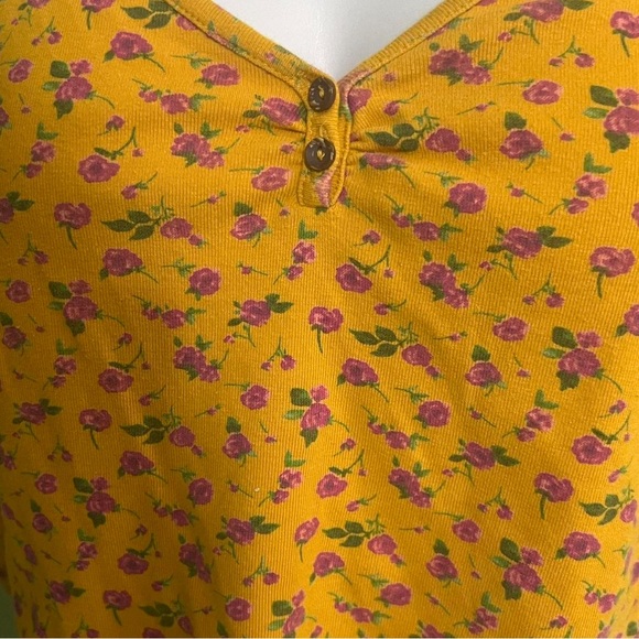 Forever 21 Yellow Floral Crop Top V-Neck Henley Long - Picture 2 of 4